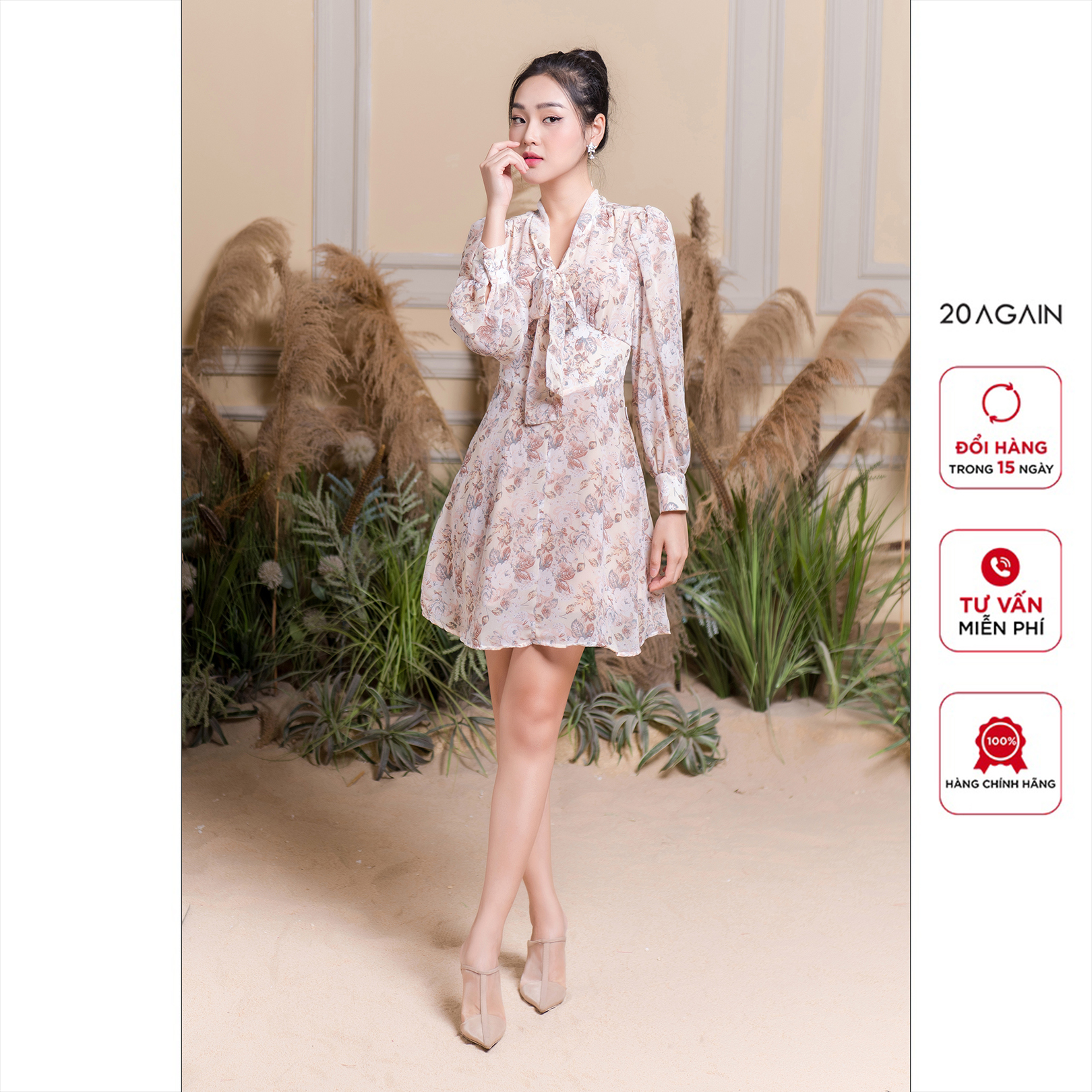 Đầm dài tay cổ nơ 20Again, thiết kế xòe xéo tôn dáng DEA2463