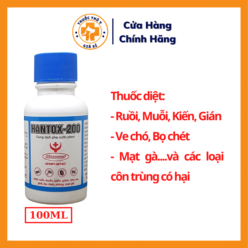 Hantox 200 100ml - Thuốc Diệt Ruồi Muỗi Kiến Gián Ve Bọ Chét Mạt Gà Hiệu Quả Cao Kéo Dài An Toàn Cho Người Và Vật Nuôi - Thú Y Giá Sỉ