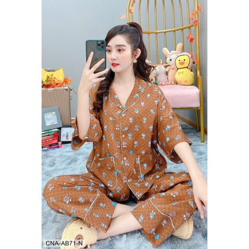 Đồ bộ lụa áo cánh dơi quần dài đoremon siêu dễ thương ab71