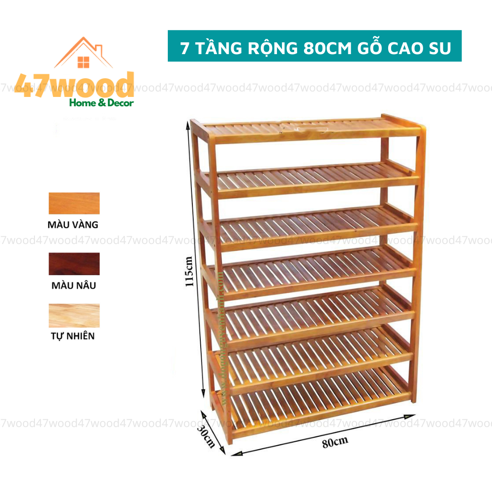 Kệ giày dép bằng gỗ 7 tầng rộng 80cm, gỗ cao su cứng cáp, sang trọng chống chịu nước