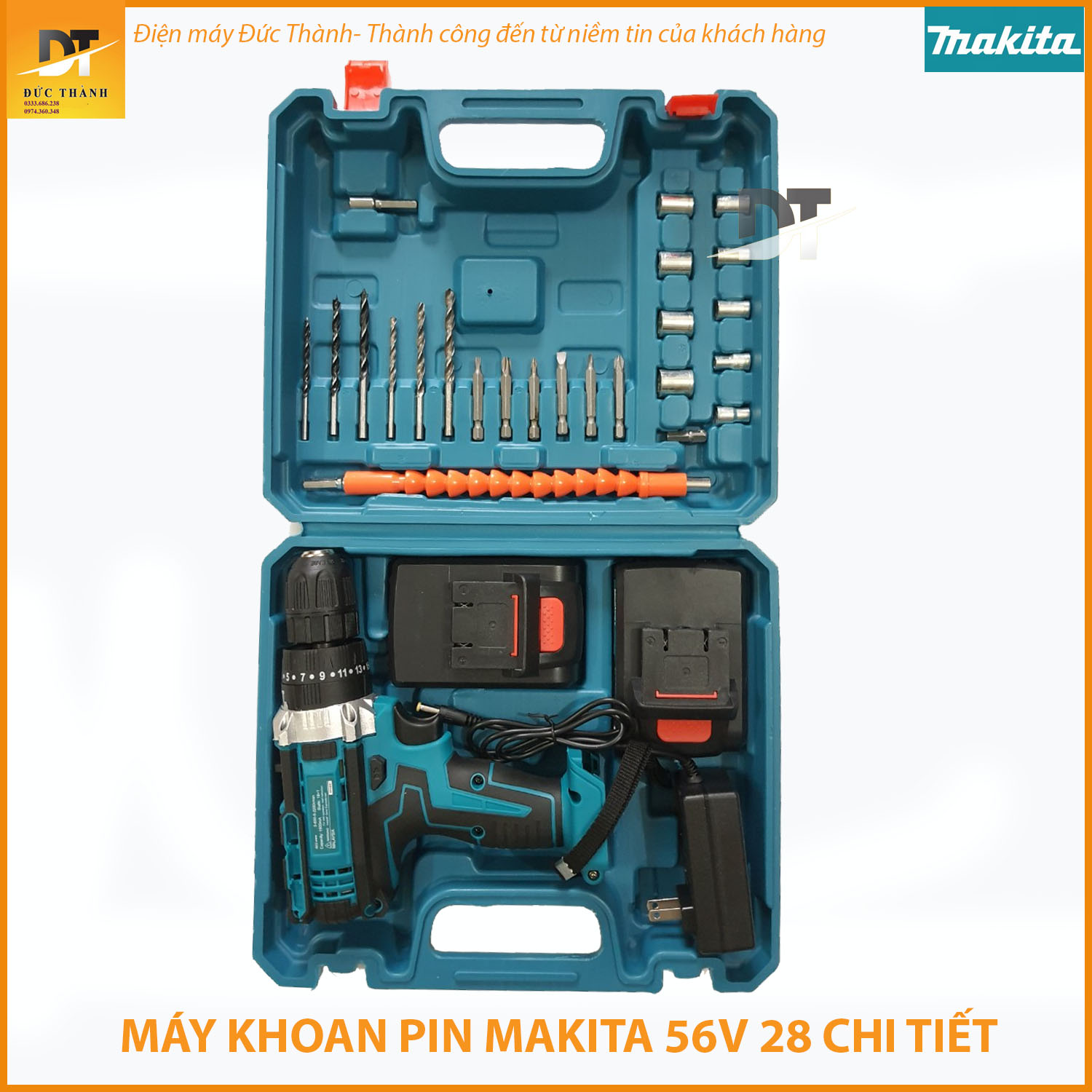 Máy khoan pin MAKITA 56v 3 chức năng : khoan thường, bắt vít , búa đi kèm 12 mũi bắt vít, 9 đầu khẩu, 1 dây nối bắt vít chỗ hẹp