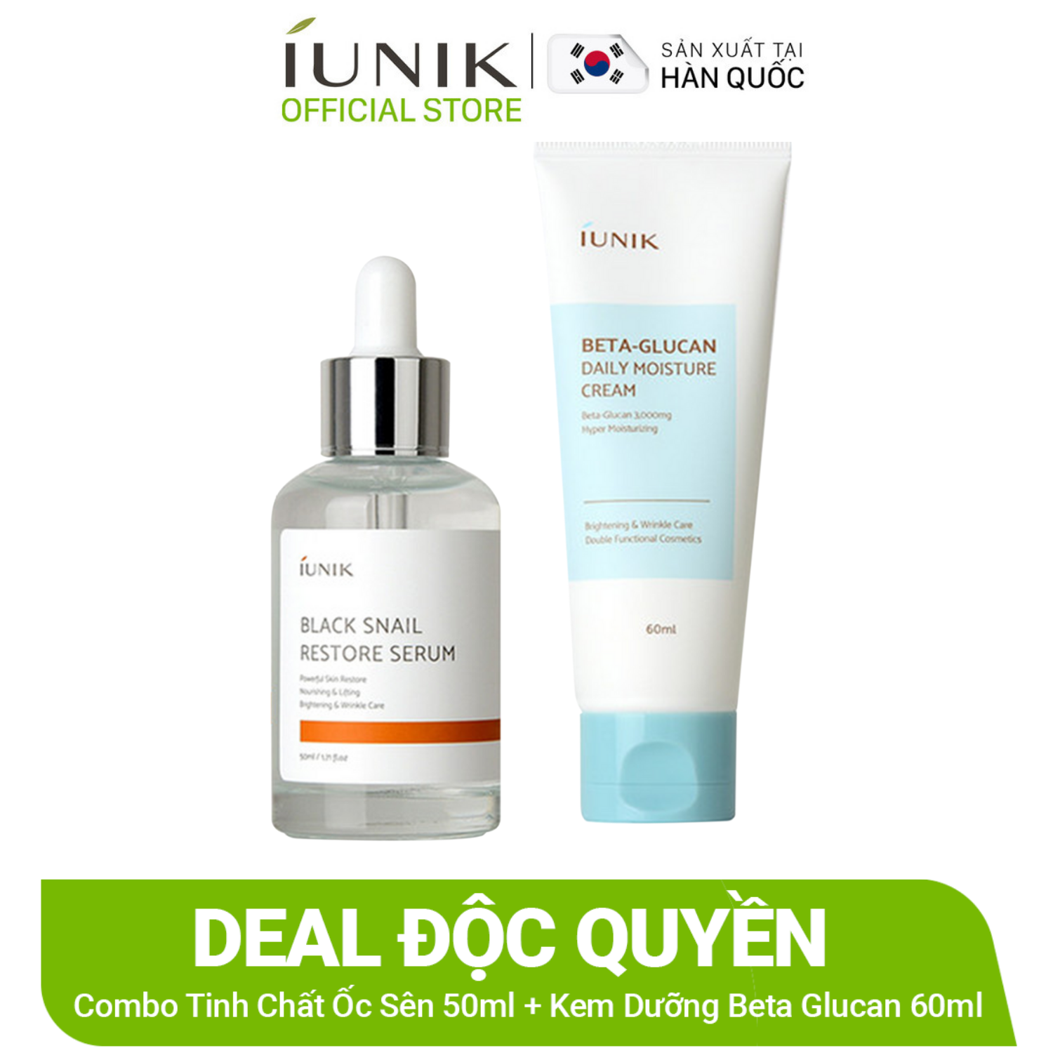 Combo Tinh chất ốc sên cấp ẩm và chống lão hoá IUNIK Black Snail Restore Serum 50ml + Kem dưỡng ẩm sáng da và chống lão hoá IUNIK Beta Glucan Daily Moisture Cream 60ml