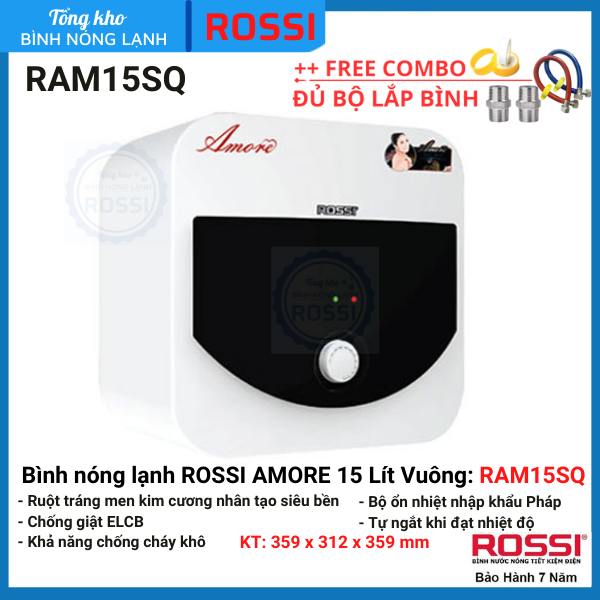 Bình nóng lạnh gián tiếp rossi amore 15 lít vuông, ra15sq- bảo hành 7 năm, hàng chính hãng tân á đại thành