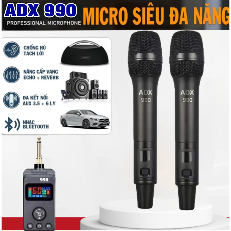 Micro Karaoke ADX 990 Đa Năng Không Dây - Micro Karaoke Không Dây Gia Đình , Cho Ôtô , Loa Kéo , Chống Hú ,Bluetooth 5.0 , Tích Hợp Vang Số Chỉnh Cơ Bass Treble , Echo Reverb -Chất Âm Cực Hay
