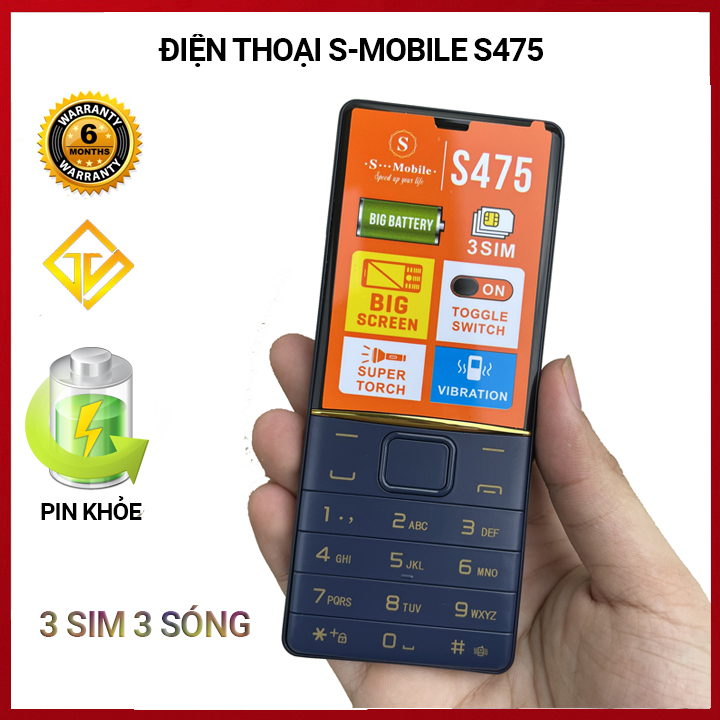 Điện thoại s-mobile s475- 3 sim 3 sóng, màn hình lớn 2.8inch, pin trâu 2500mah - mới nguyên seal