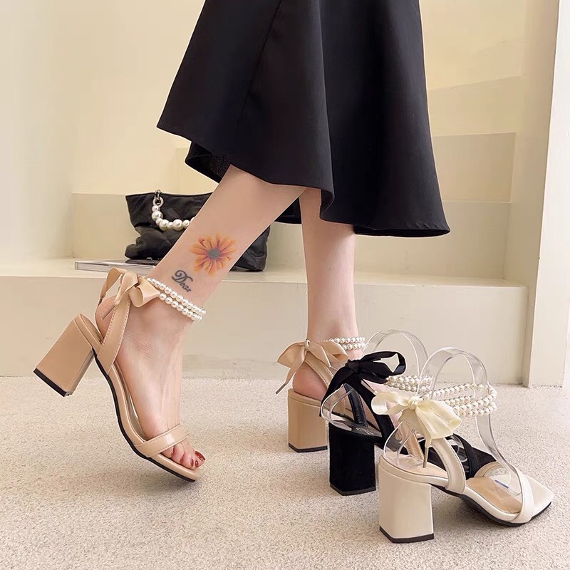 Giày nữ, giày cao gót nữ đế vuông 7p dây ngọc. Thời trang nhẹ nhàng, xinh xắn mix với váy siêu xinh