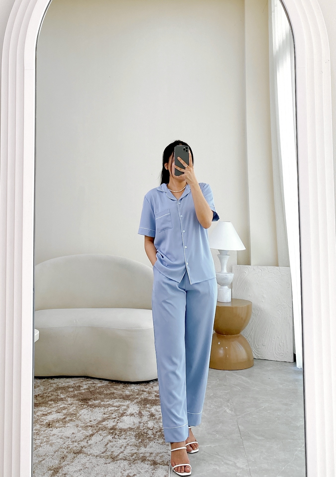 Pijama Lụa Tay ngắn quần dài Satino - Blue Gray & Cream