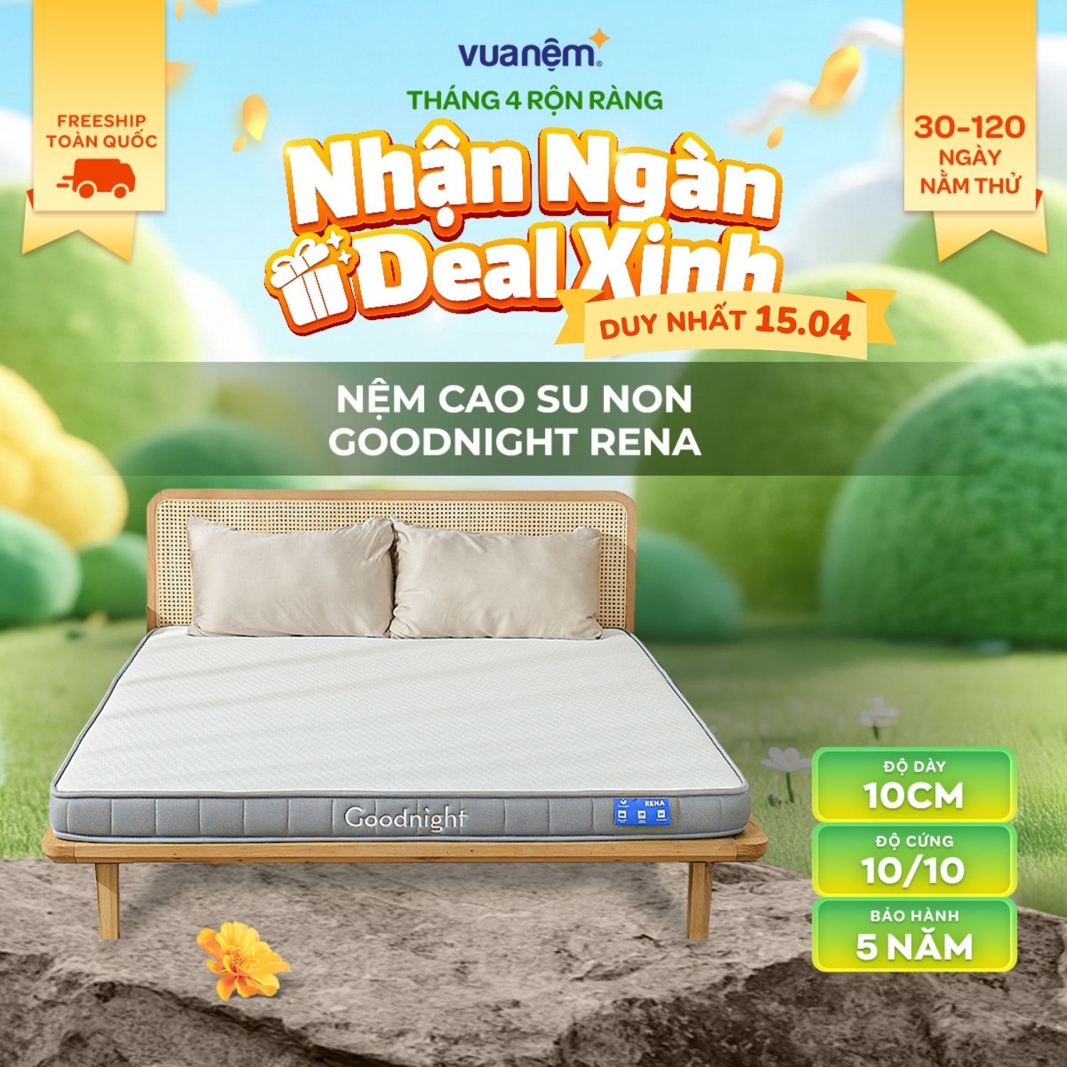 [MEGA SINH NHẬT - VOUCHER 550K] Nệm Cao Su Non Vua Nệm Goodnight Rena 10cm, Đệm Cao Su Non Hybrid Lớp Cao Su Thiên Nhiên và Foam, Vững Chắc Thông Thoáng