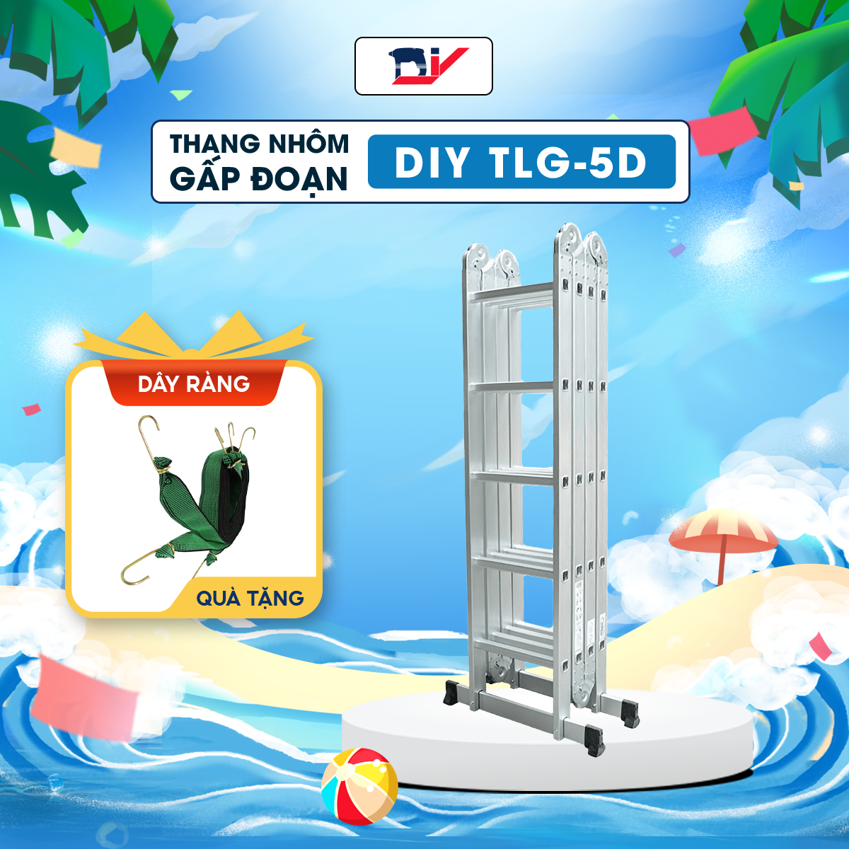 [THANG DIY] Thang Nhôm Gấp 4 Đoạn 5 Bậc DIY TLG-5D chiều cao sử dụng chữ A 2.8M, chữ I 5.8M, tải trọng 150kg