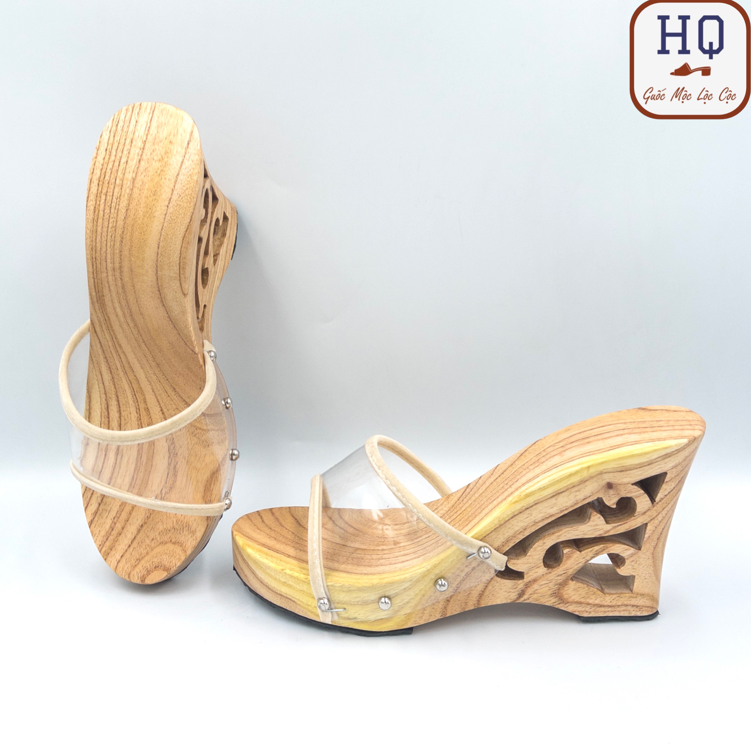 Guốc gỗ 10 phân dép gỗ 1 tấc viền nhung Thanh Vân guốc mộc đế xuồng 10cm áo dài bà ba pháp phục phụ kiện chụp ảnh diễn văn nghệ biểu diễn