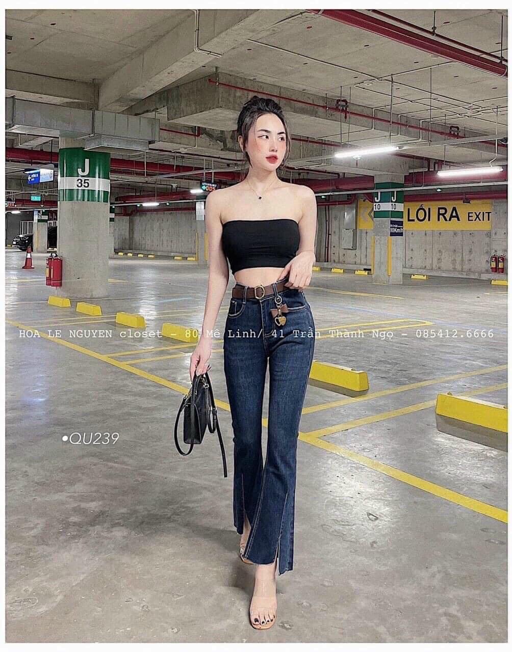 Quần jean pass lai cắt xẻ cạp siêu cao - hàng vnxk.