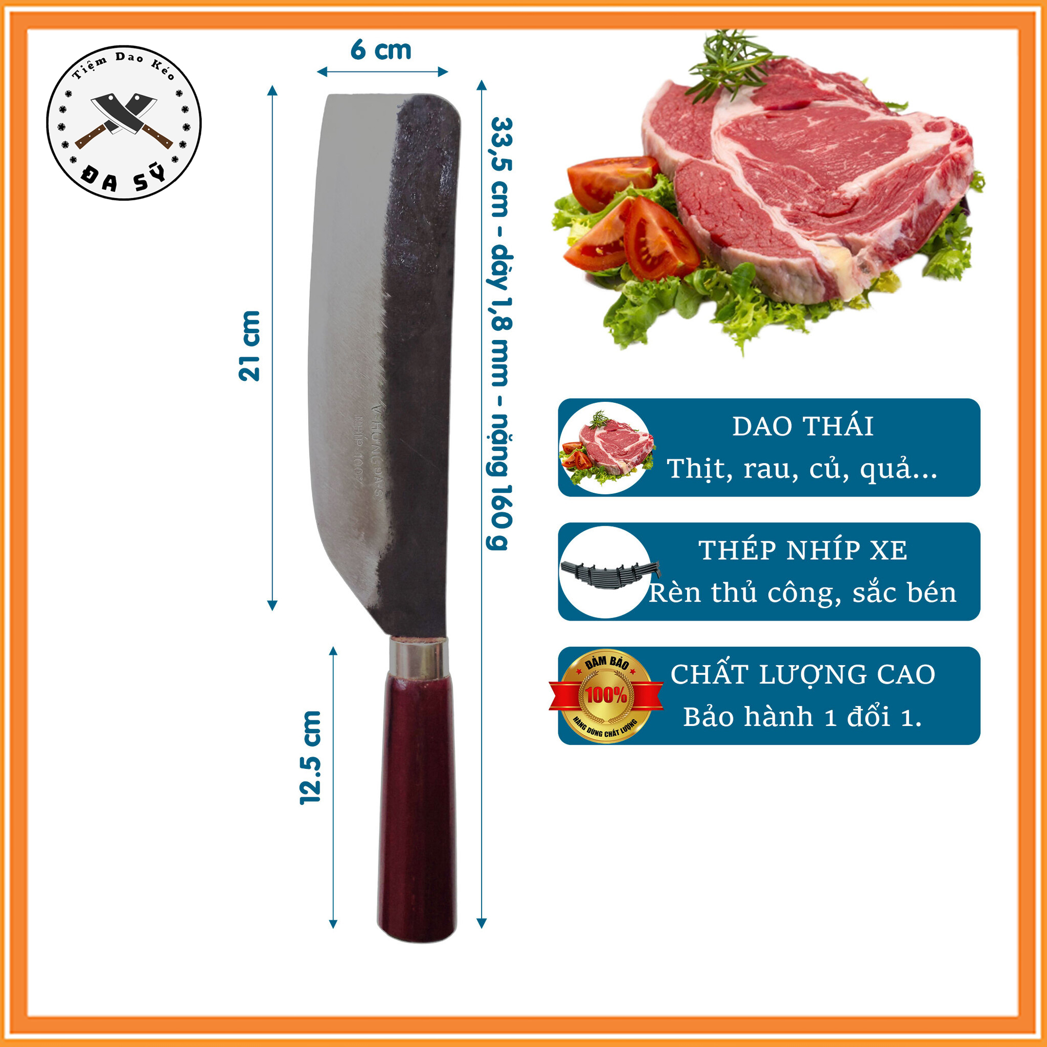 Dao thái to nhíp xe cán gỗ lim, dao thái thịt, thái rau, gọt hoa quả, dao rèn từ thép nhíp xe siêu bền, cán gỗ lim chắc chắn