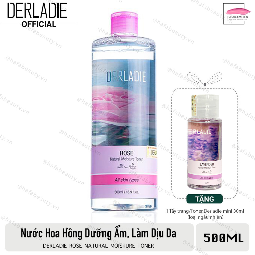 Nước hoa hồng cấp ẩm phục hồi và se khít da Derladie Rose Natural Moisture Toner 500ml + Tặng kèm 1 chai nước tẩy trang / Nước Hoa Hồng Minisize (Ngẫu Nhiên)