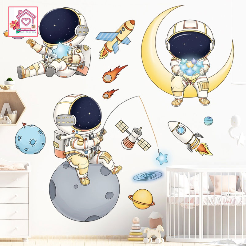 Decal dán tường Tàu Vũ trụ không gian Phí Hành Gia bé trai bé gái trang trí tường phòng khách phòng ngủ - Sticker - Miếng dán tường - Hình dán