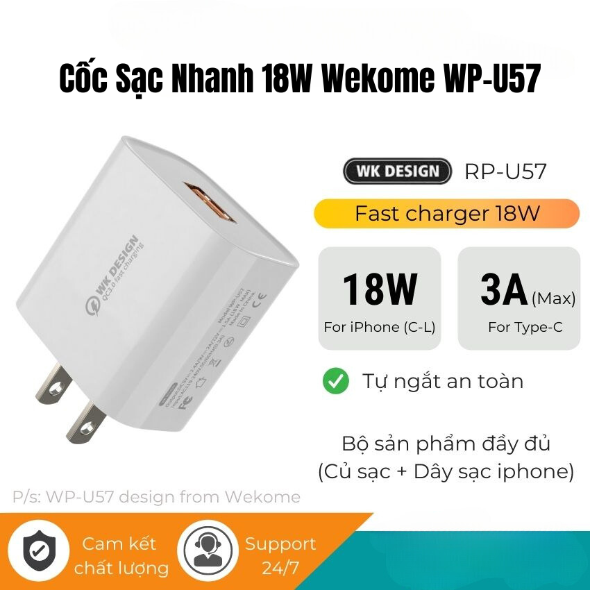 Củ Sạc Nhanh Wekome 18W, cổng ra USB, Củ Sạc Nhanh, Củ Sạc Nhanh Samsung, Củ Sạc Nhanh Iphone, Củ Sạ