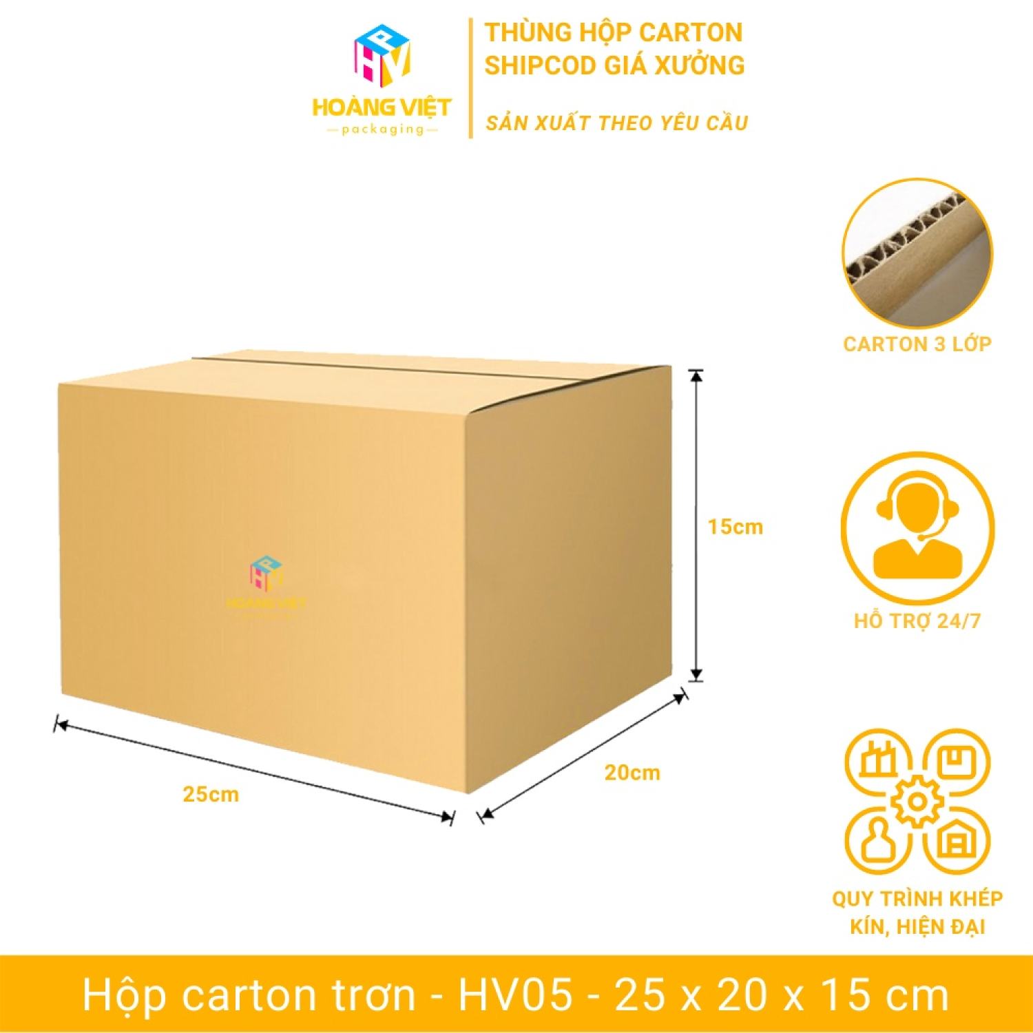 Size 25x20x15 cm - combo 50 thùng hộp carton trơn đóng hàng, hộp đóng hàng ship cod - hv05