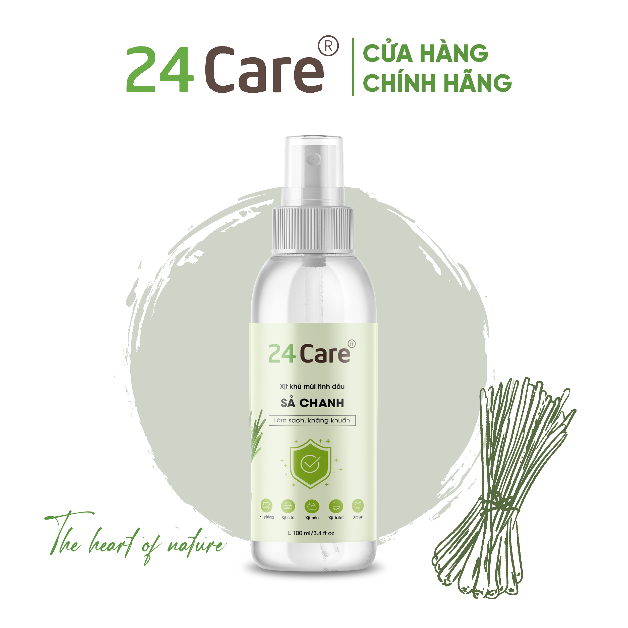 Xịt Phòng Tinh Dầu Sả Chanh Hữu Cơ Organic  24Care 50ML/100ML - Kháng khuẩn - Khử mùi hôi - Đuổi muỗi, kiến ba khoan,Vắt - côn trùng - Hương thơm thư giãn