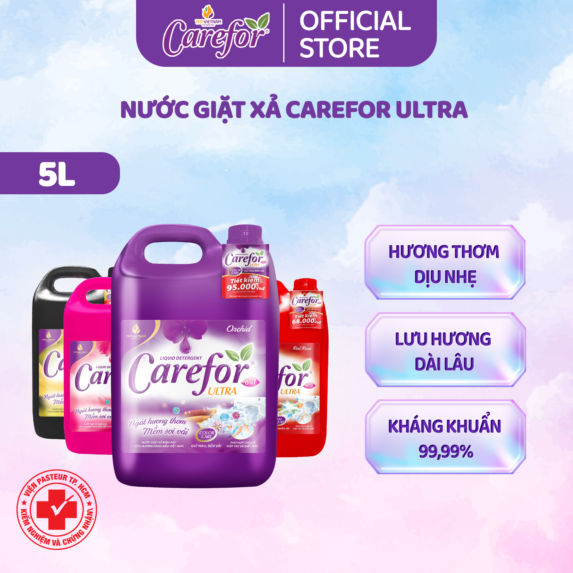 Nước giặt xả vải quần áo thơm lâu Carefor chính hãng 4 mùi hương giặt máy giặt tay can 5 Lít