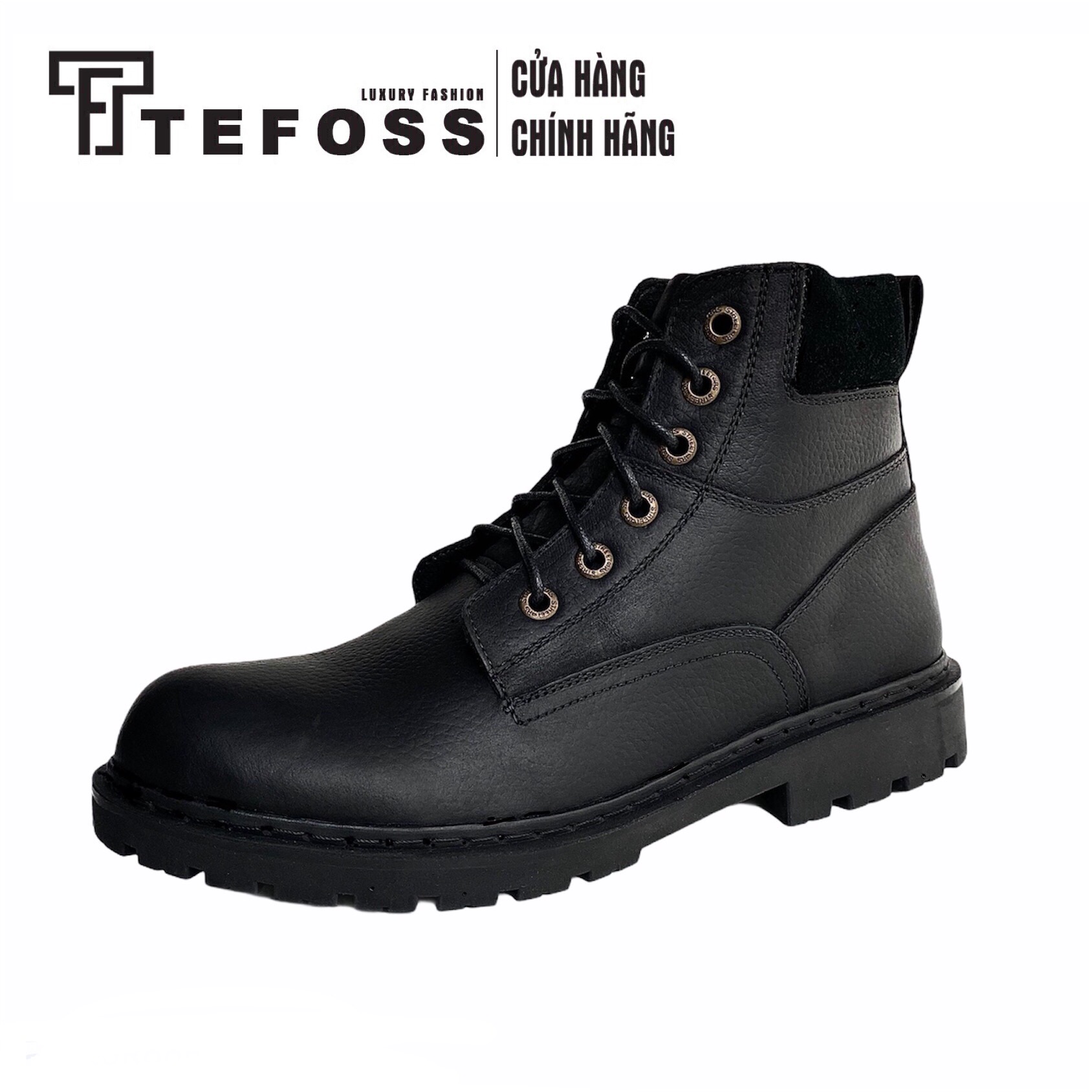 Giày Boot Nam Cao Cổ Buộc Dây Da Bò Thật Nguyên Tấm HN612 Đen Phối Nhung