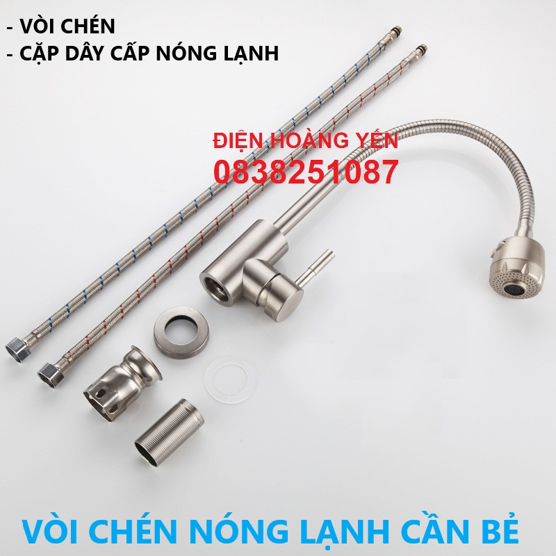 Vòi Rửa Chén Bát Nóng Lạnh Inox 304 Cần Bẻ Lò Xo quay 360 độ dùng cho 2 hộc chậu và 2 dây