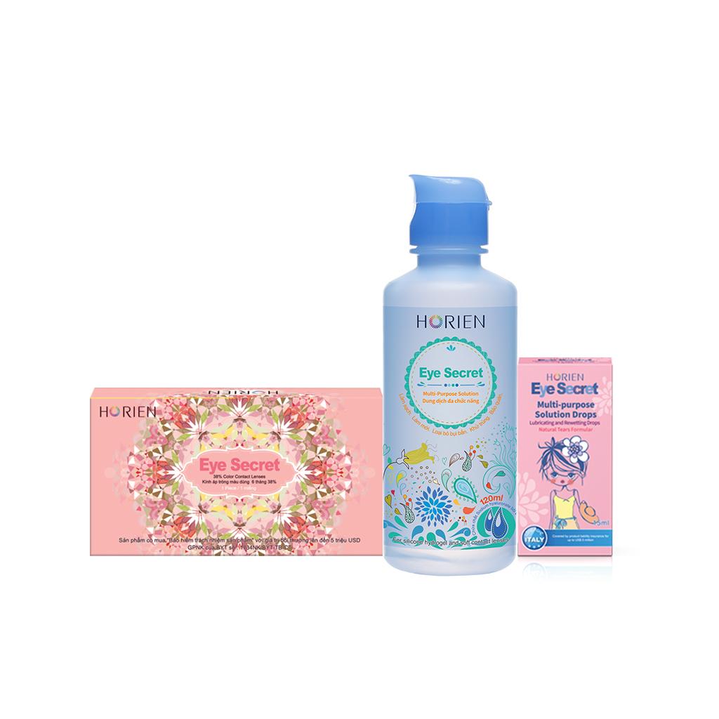 Combo kính áp tròng màu dùng 6 tháng, dung dịch ngâm 120ml và nhỏ mắt 15ml Eye Secret