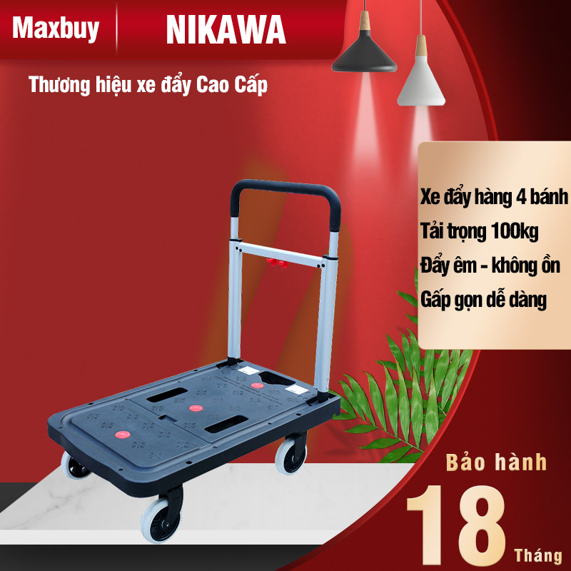 Xe đẩy hàng 4 bánh gấp gọn Nikawa không ồn công nghệ Nhật cao cấp tải trọng 100kg FWS-100F