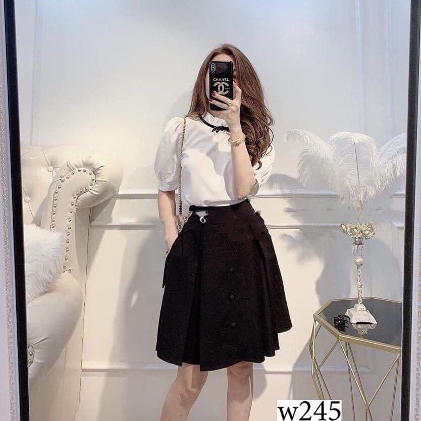 Set áo kết nơ cổ và chân váy xòe dễ thương