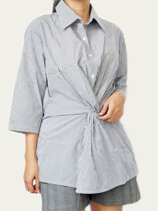 Áo sơ mi kiểu, cách điệu nhún eo, màu sọc xanh đen - lovadova 21b10c007