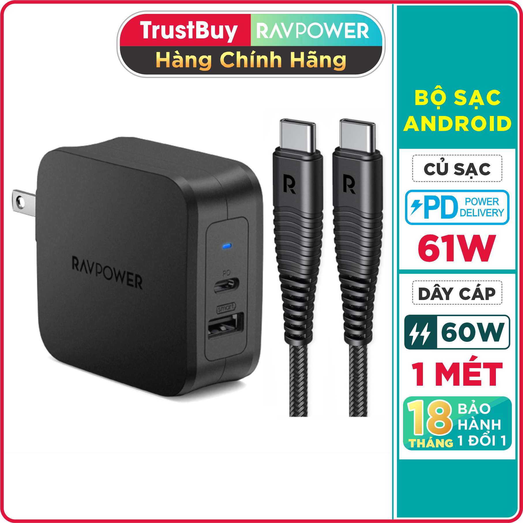 Combo Củ Sạc 2 Cổng, USB-A Và Type-C 61W RAVPower RP-PC105 Và Dây Cáp Type C to C RP-CB047 Sạc Laptop, MacBook, iPhone 15, Android - Hàng Chính Hãng