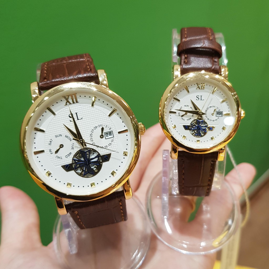 Đồng hồ cặp đôi nam nữ SL dây da viền vàng lộ máy chống nước giá rẻ
