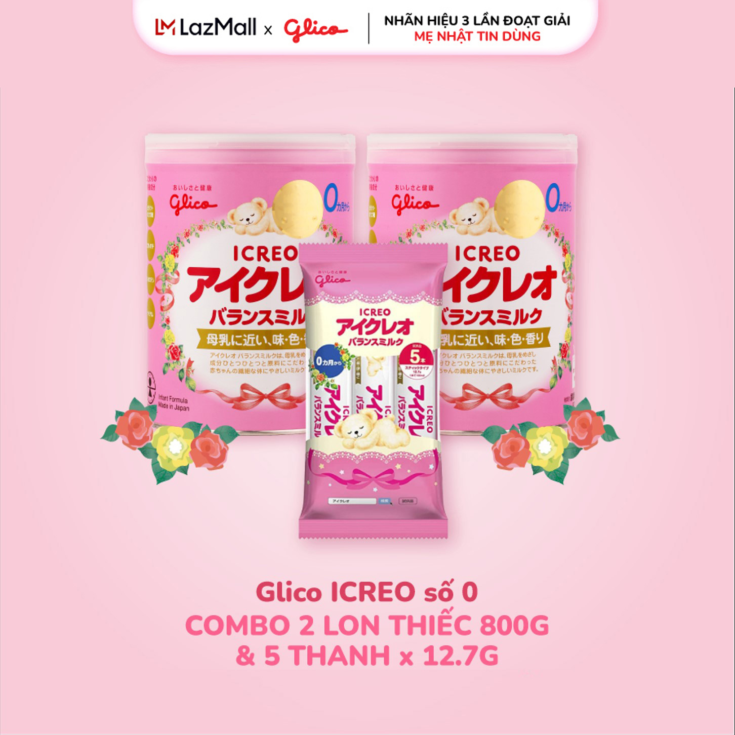 (Glico Icreo Balance Milk) Combo 2 Lon Sữa Glico Icreo Balance Milk (800g/lon) kèm 5 thanh sữa