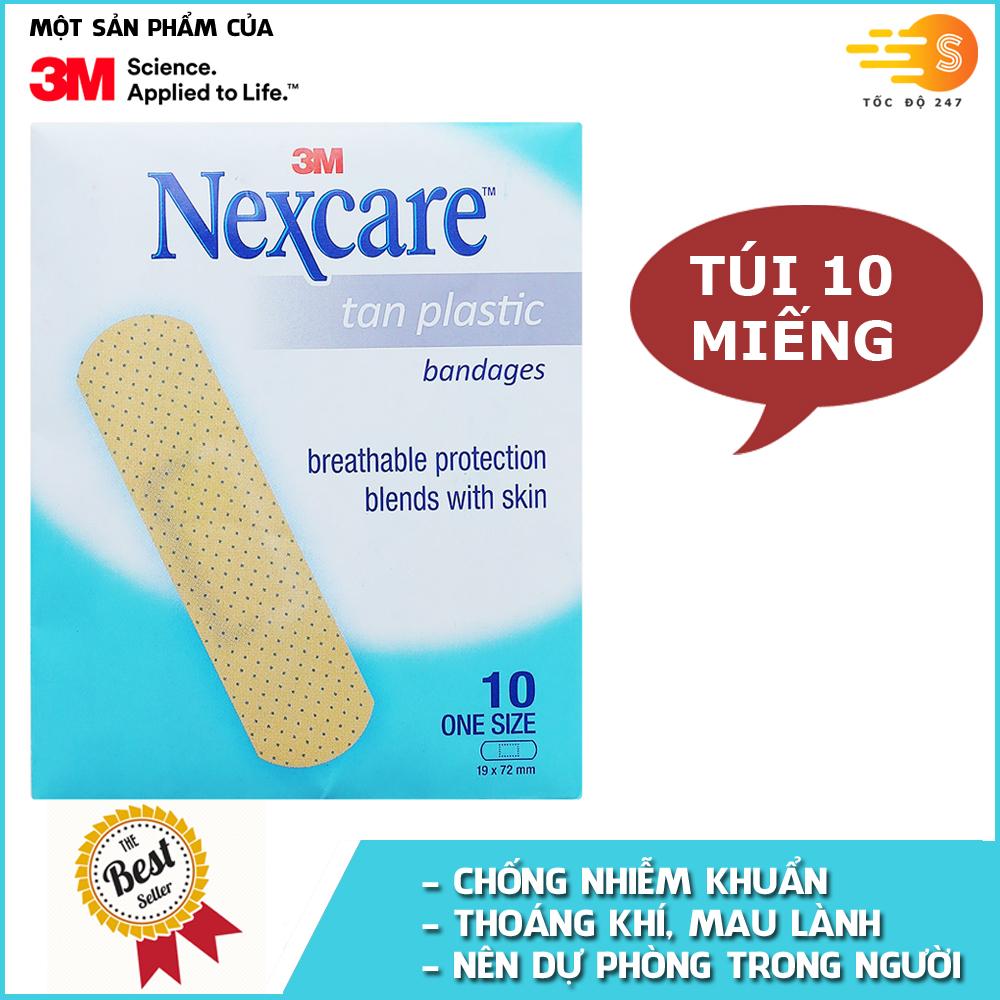 Túi 10 miếng băng keo cá nhân màu da Nexcare 3M BKCN-TAN - Tốc Độ 247, chống nhiễm khuẩn, thoáng khí, mau lành