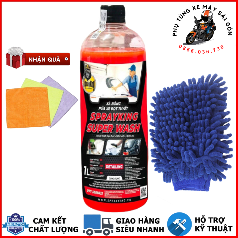 Xà bông rửa xe bọt tuyết, nước rửa xe Sprayking Super Wash 1 Lít kèm bao tay rửa xe 2 mặt