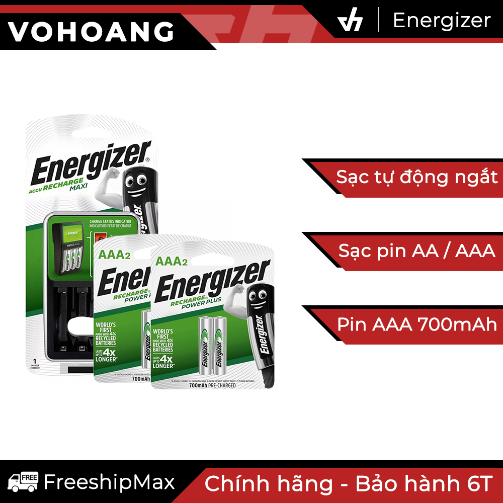 Bộ sạc Energizer Charger kèm 4 pin Energizer AAA 700mAh (nguyên vỉ), tự ngắt sạc