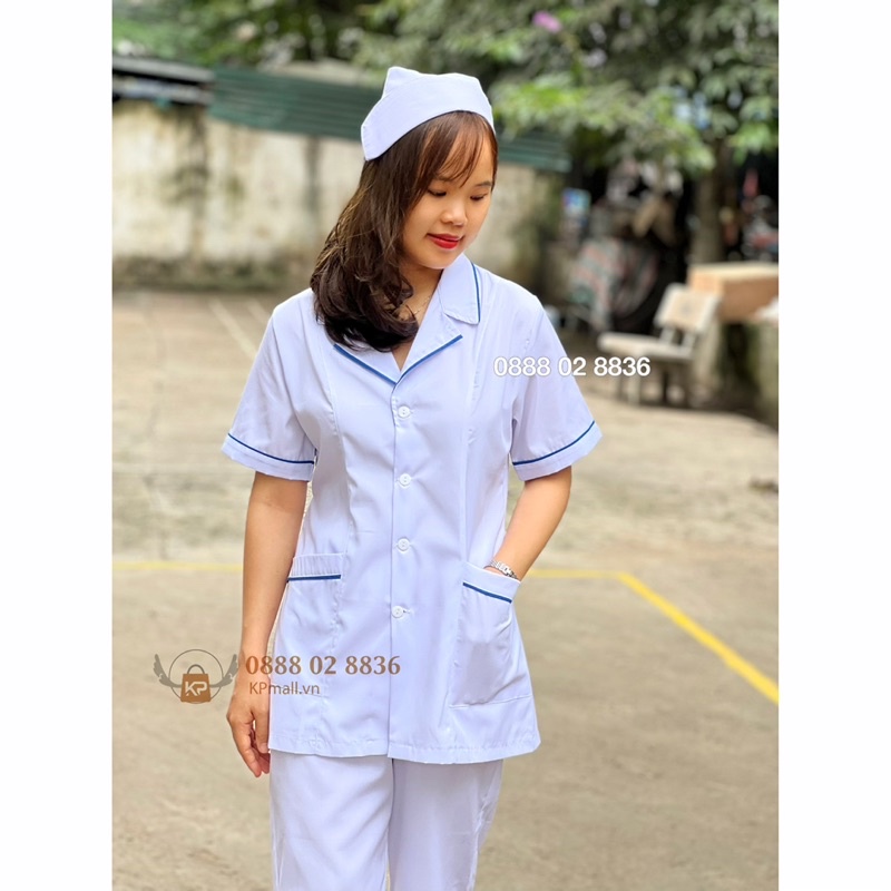 Bộ quần áo blouse trắng viền xanh với túi chéo nhẹ nữ tính cho điều dưỡng, y tá, dược sỹ, thẩm mỹ viện, spa