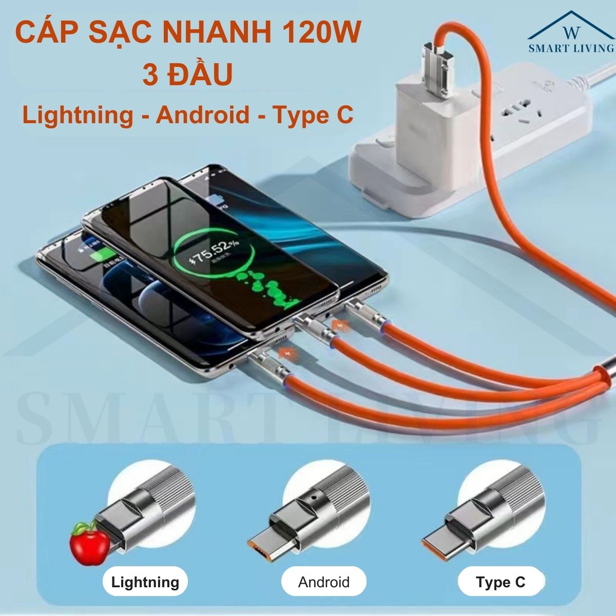 Cáp Sạc Nhanh 3 Trong 1 120W Cổng Type C Android USB Lightning Bằng Silicone Và Hợp Kim Kẽm