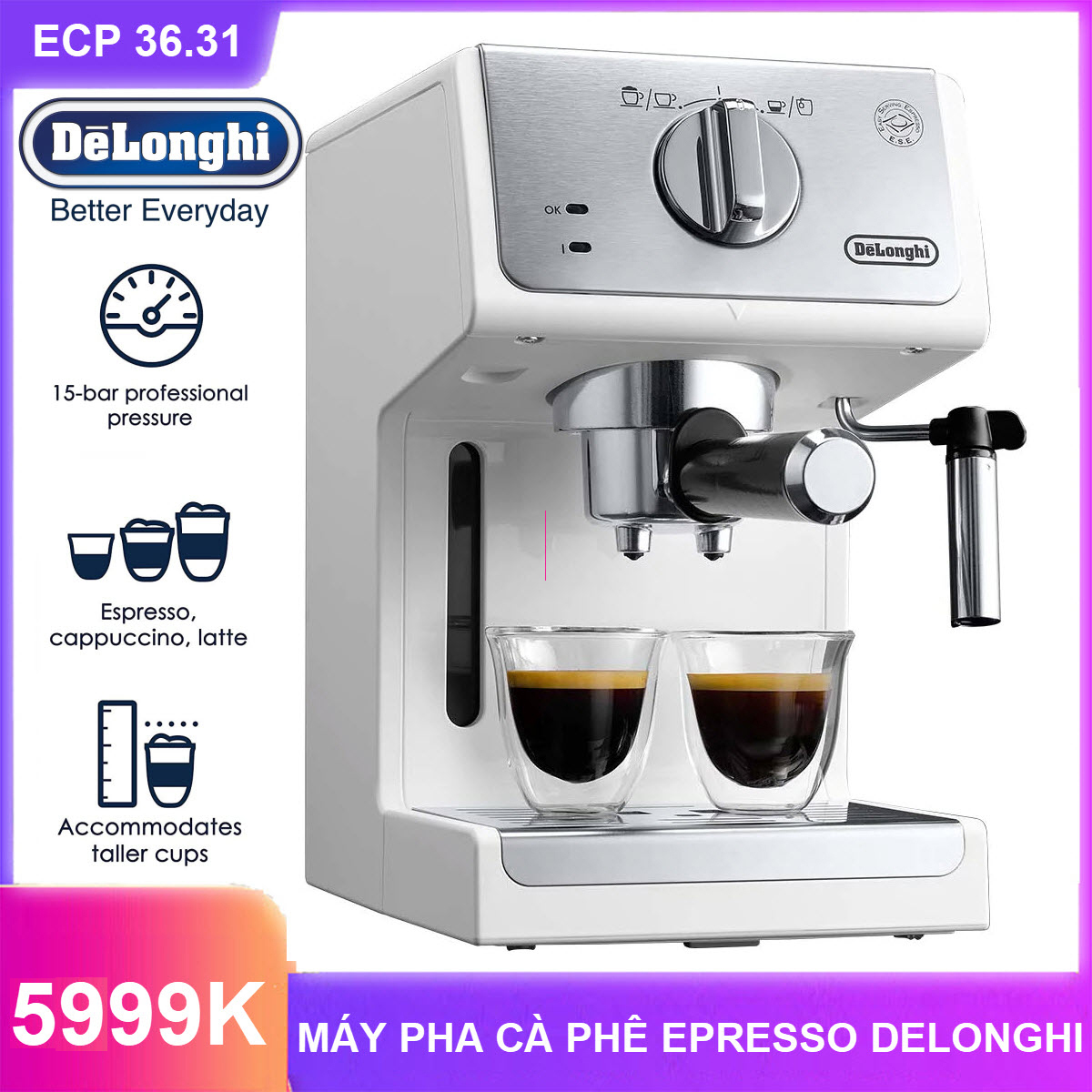 [Trả góp 0%]MÁY PHA CÀ PHÊ CAPPUCCHINO ESPRESSO DELONGHI ECP31.21 ECP35.31 ECP36.31 - Thiết kế cao cấp - Tích hợp hệ thống vòi hơi - Hệ thống kiểm soát nhiệt riêng biệt hiện đại - Hàng Nhập Khẩu
