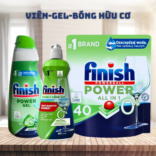 Viên rửa bát finish eco hữu cơ 40 viên, gel finish hữu cơ eco 900ml, nước làm bóng hữu cơ eco 400ml dùng cho máy rửa bát