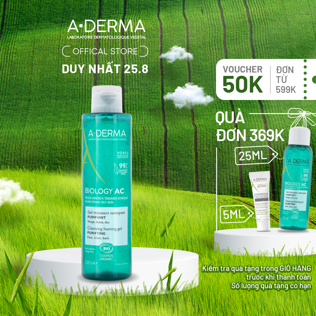 Gel rửa mặt dịu nhẹ dành cho da nhờn mụn a-derma biology ac cleansing foam gel