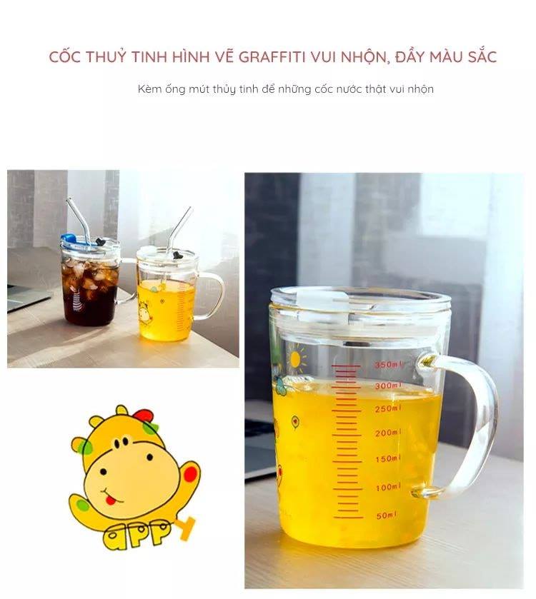Cốc Thủy Tinh Chia Vạch Kèm Ống Hút
