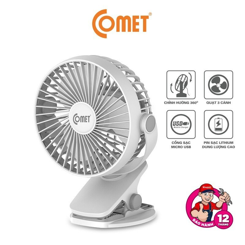 Quạt Sạc Kẹp Bàn Comet CRF0705 Giá nâng quạt và thân quạt đều có khả năng xoay 360 độ pin lên đến 1800mAh 3 cấp độ gió