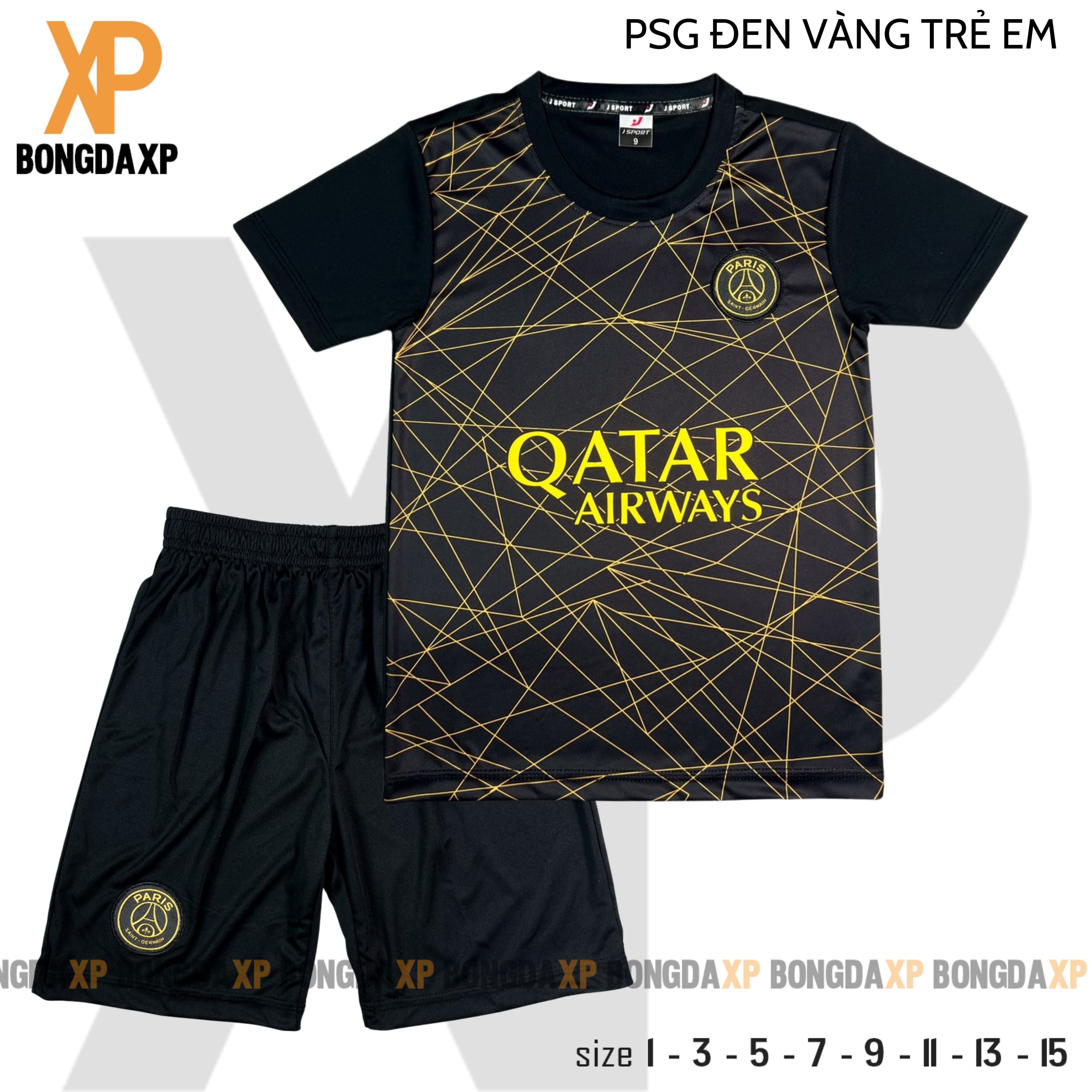 Quần áo bóng đá trẻ em, đồ đá banh trẻ em PSG Đen vàng Vải thun lanh cao cấp