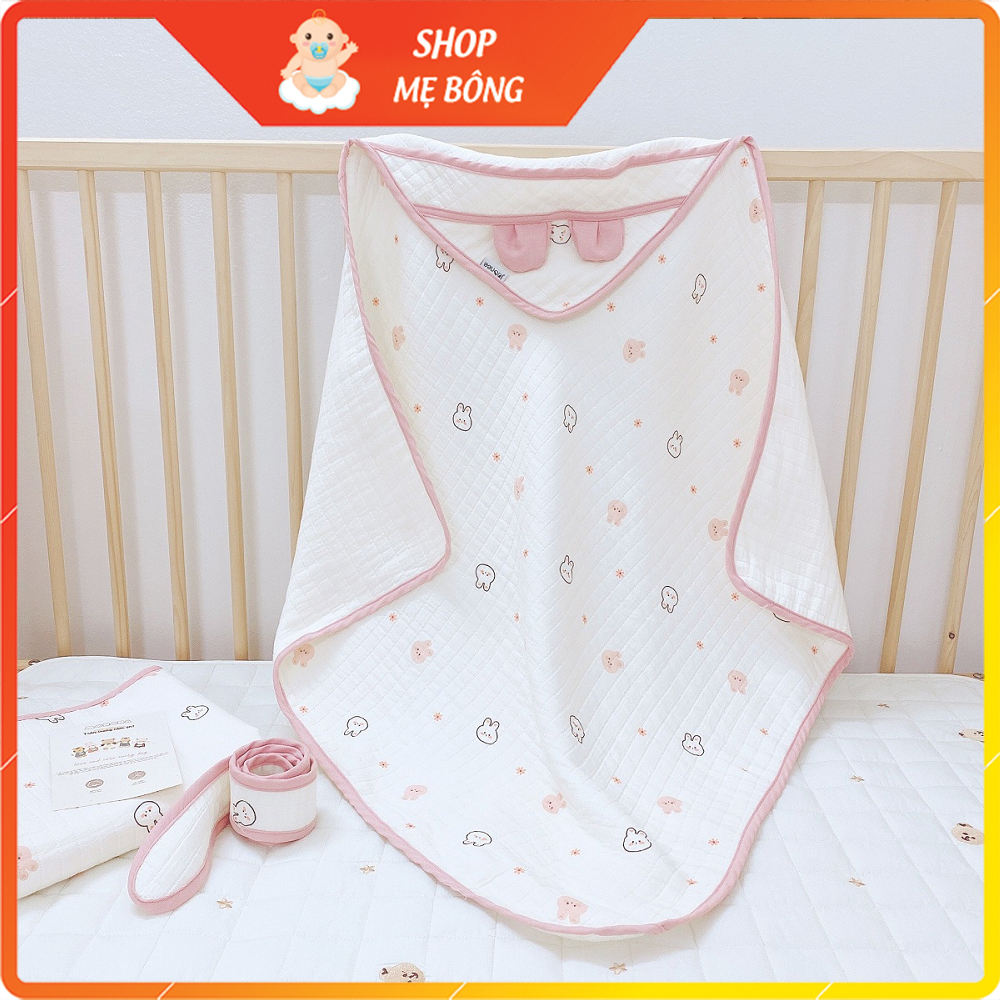 Ủ choàng tai gấu cho bé Joonee vải xô 3 lớp mềm mại xuất Hàn đa năng, Chăn ủ dùng cho trẻ sơ sinh
