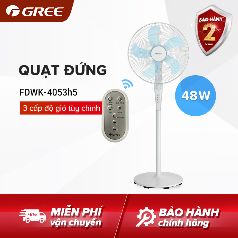 Quạt đứng Gree FDWK-4053h5 - Dòng cao cấp - 5 Cánh gió mạnh mẽ - 3 Tốc độ - Hẹn giờ - Công suất 45W tiết kiệm điện - Hàng phân phối chính hãng Bảo hành 2 năm