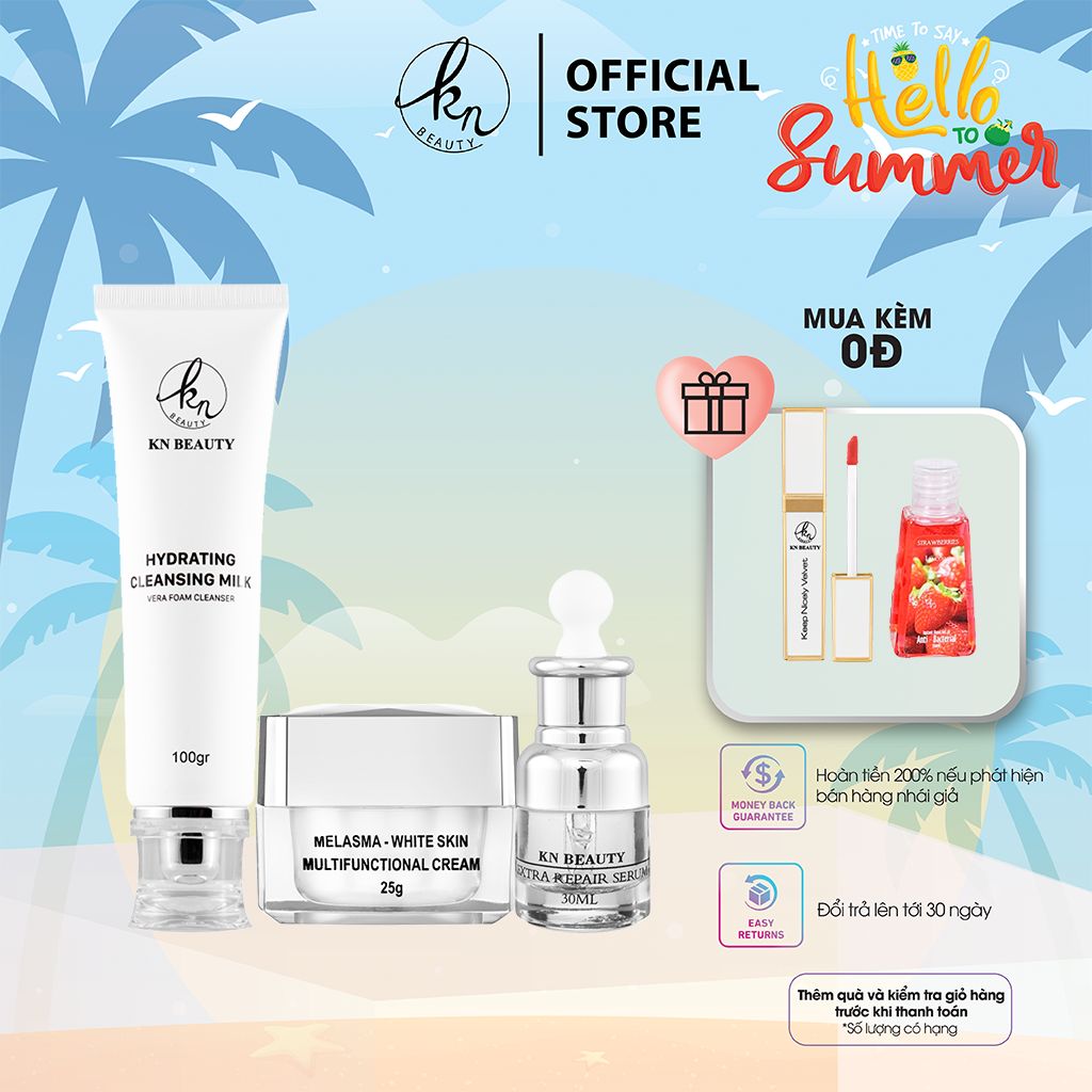 Bộ 3 sản phẩm Trắng Da Ngừa Nám KN Beauty chuyên sâu: Kem dưỡng 25g + Serum 30ml+ Tẩy tế bào chết 120ml (Quà Tặng Son KN Beauty)