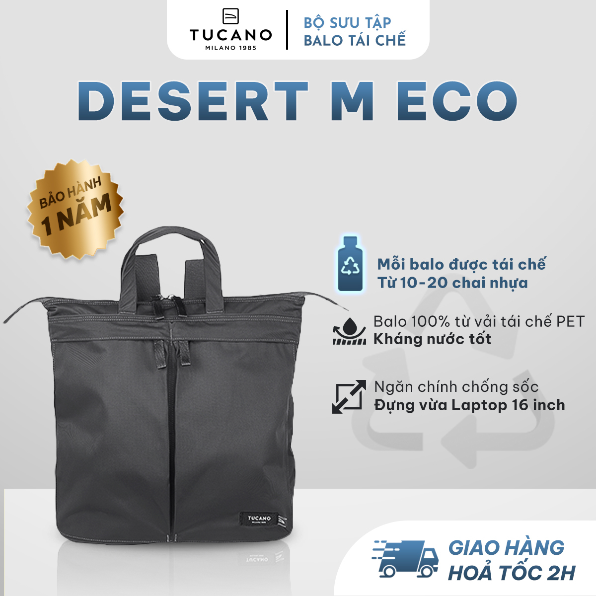 Balo laptop tái chế tucano desert m eco 15.6 inch - chất liệu vải bền đẹp, chống sốc, chống thấm nước tốt