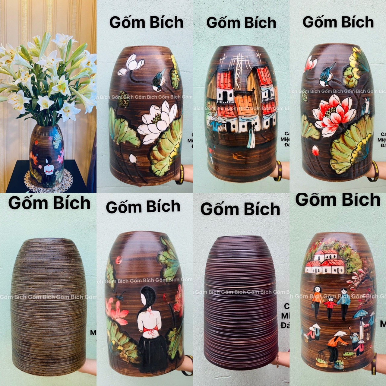 Bình hoa gốm dáng chuông to men mộc khắc tay gốm sứ bát tràng - lọ hoa đẹp - gốm bích