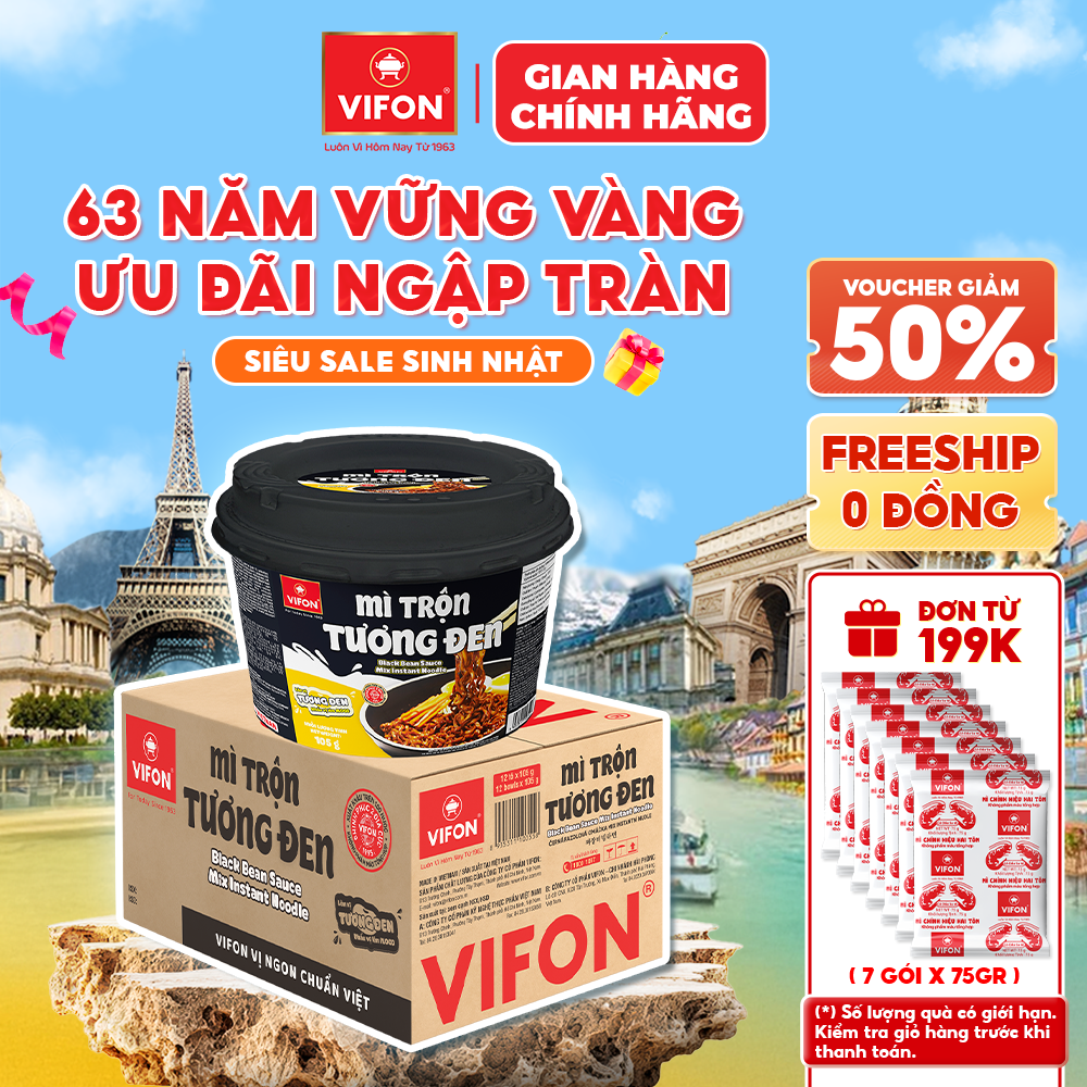 [Mua 2 thùng - Giảm ngay 28%] Thùng 12 Tô Mì Trộn Tương Đen/ Spaghetti/ Hải Sản VIFON 105g Dạng Tô Tiện Lợi