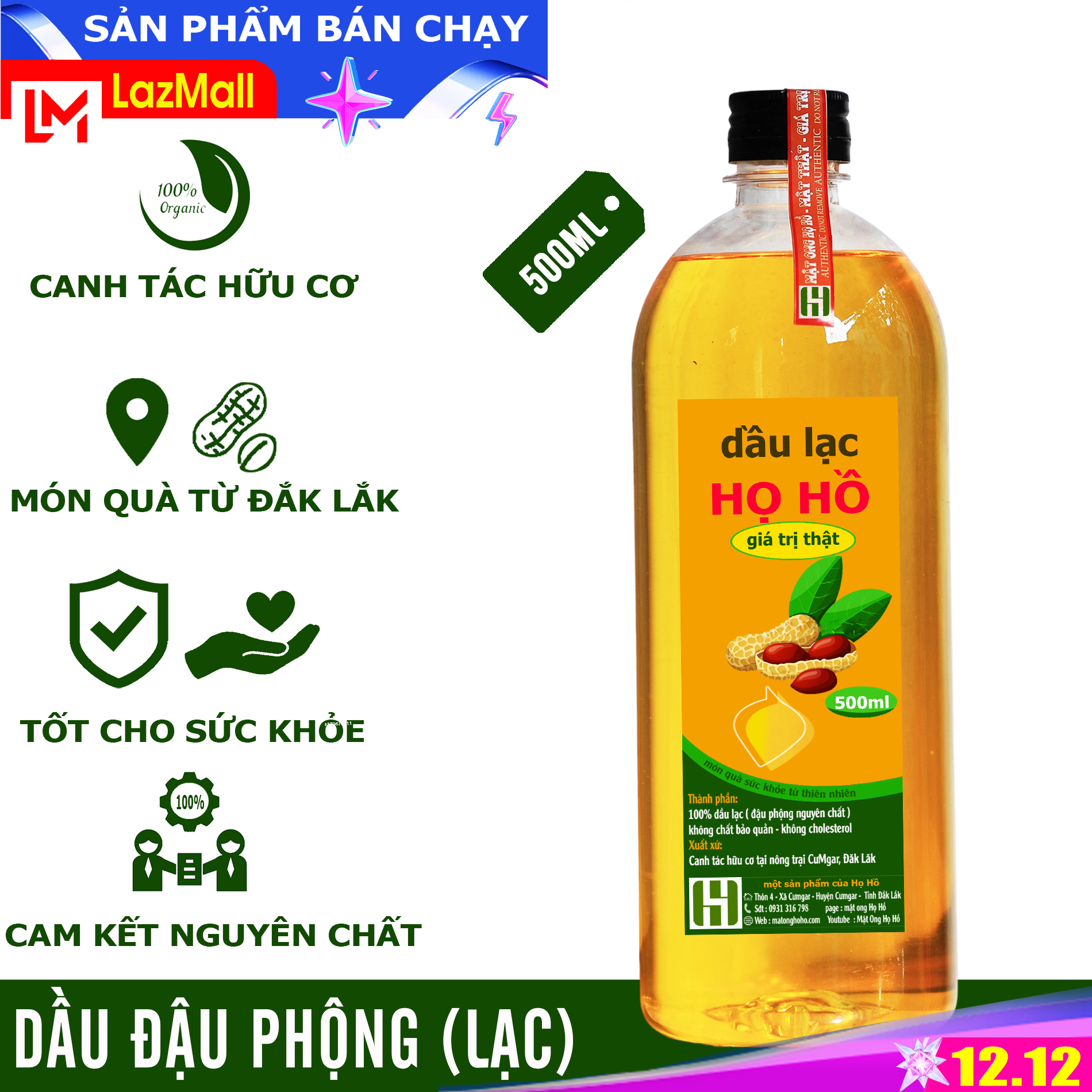 [Dầu ăn cho sức khỏe] 500ml dầu đậu phộng nguyên chất 100% sản phẩm thật canh tác hữu cơ tự nhiên- giá trị thật - Dầu Lạc HỌ HỒ - TOP BÁN CHẠY