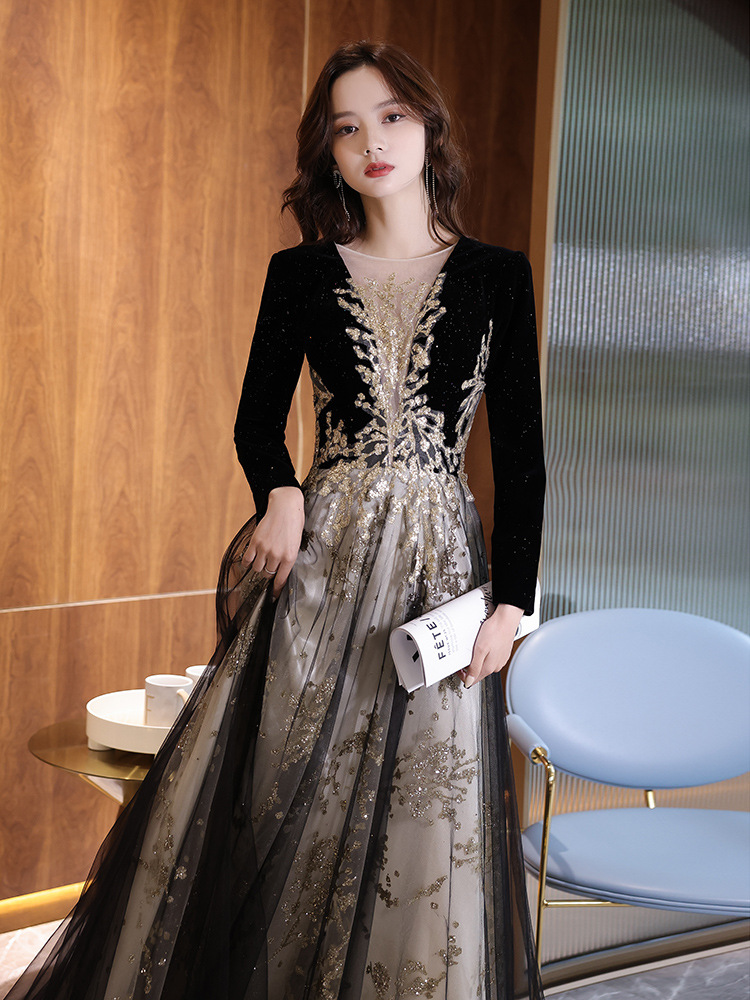 Bộ váy đầm đen đầm dạ hội đầm dài tay đầm lấp lánh đầm dạ hội dự tiệc thường niên đầm dự tiệc thường niên phong cách xã hội mùa thu đông mới